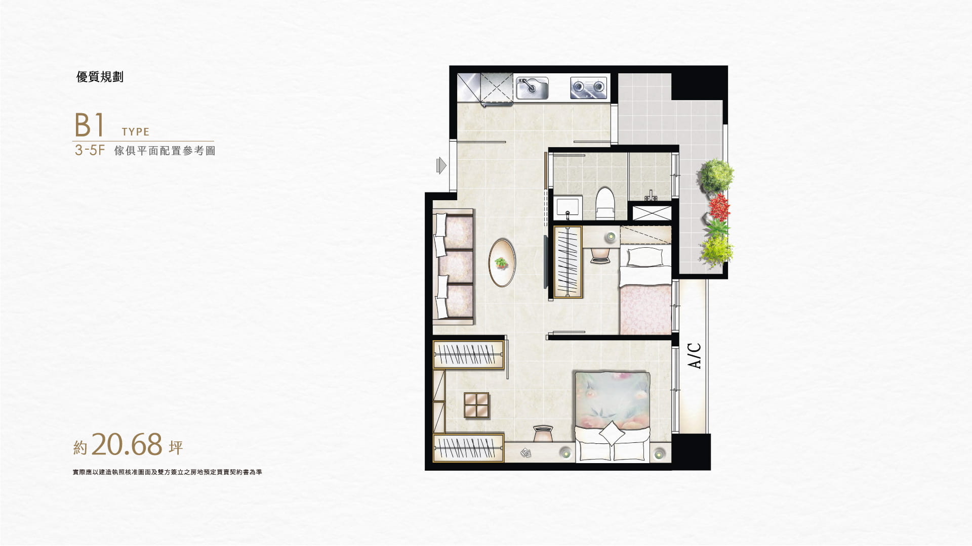 優質規劃｜B1 TYPE｜3-5F傢俱平面配置參考圖｜約坪20.68坪 實際應以建造執照核准圖面及雙方簽立之房地預定買賣契約書為準